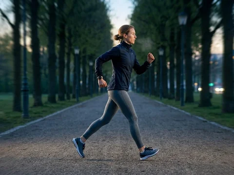 Женщина идет быстрым шагом по парку на рассвете — физический сброс адреналина